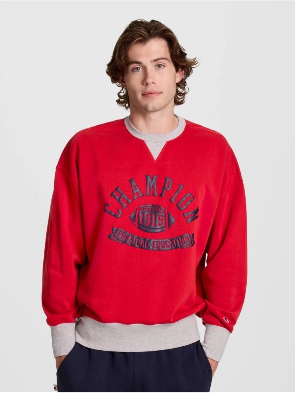 Champion Red Crewneck Sweatshirt with Gray Trim and Navy Chest Logo